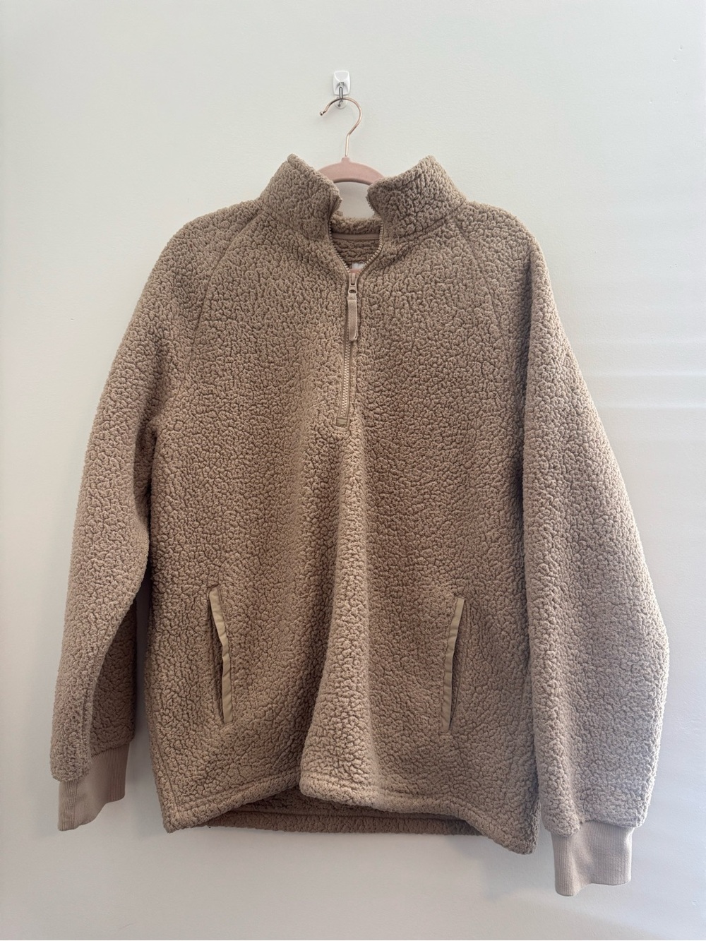 Men’s Goodfellow Cozy Teddy Sherpa Quarter-Zip Pullover - Taupe